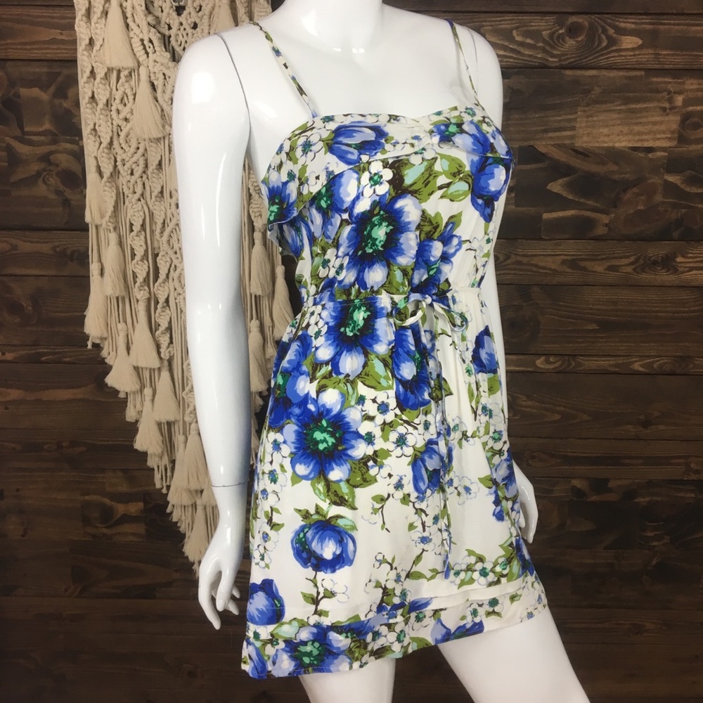 Arden B | Floral Split Tier Dress Blue and Green Flowers Mini Dress - Picture 3 of 5